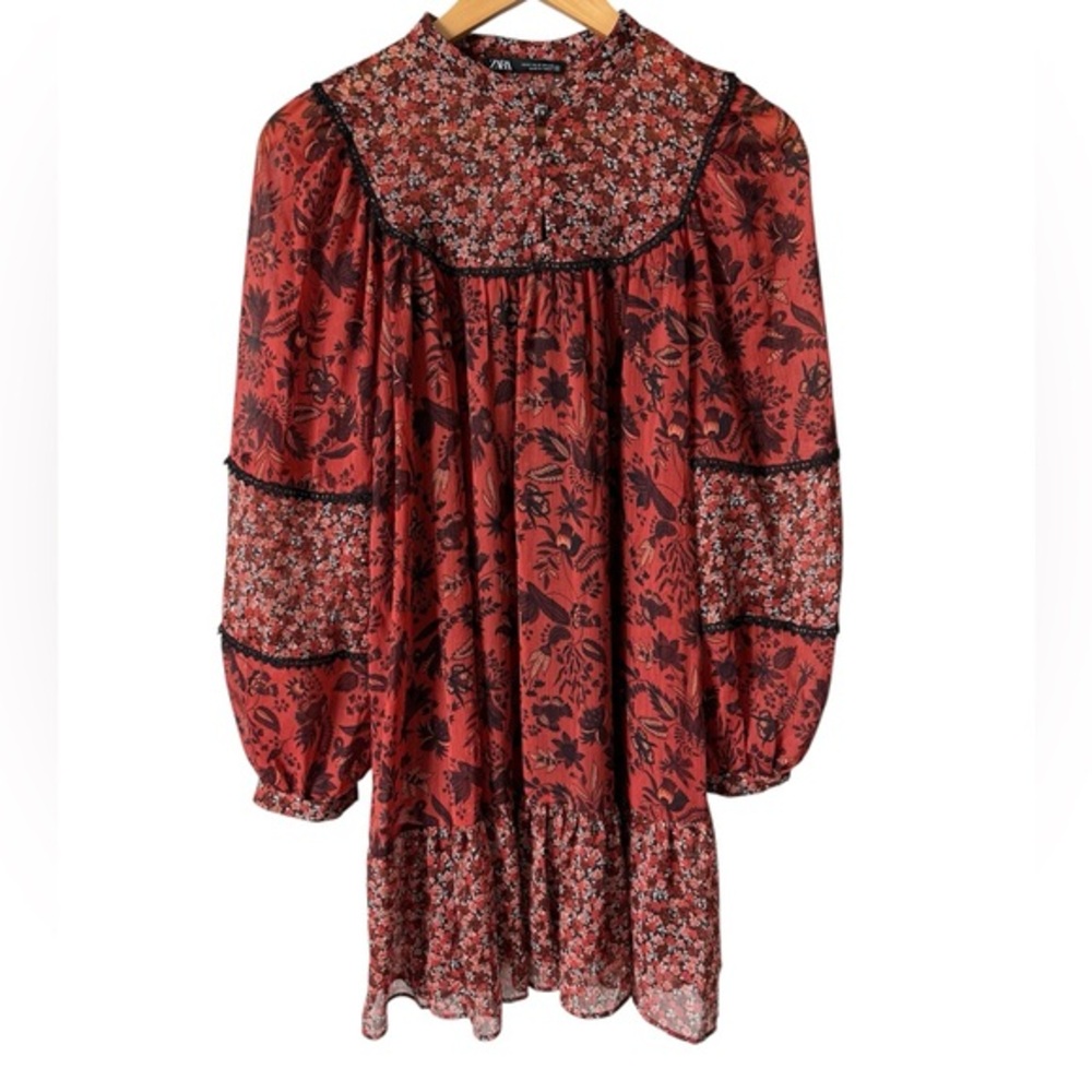 Zara‎ NWOT Boho Floral Mini Dress Red Long Sleeve Cottagecore Small
